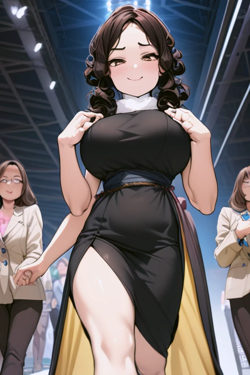 anime, best quality, (masterpiece:1.4), (high quality:1.4), sharp focus, 4k, absurd resolution, detailed hands, curly hair, long hair, black hair, pale skin, 1girl, mature female, smug, (parted hair), (round face), (no bangs), (solo),  <lora:ETO_OC_XL:0.7>, looking at viewer, hazel eyes, (walking,catwalk,the runway,fashion show), (coy), (View from below)