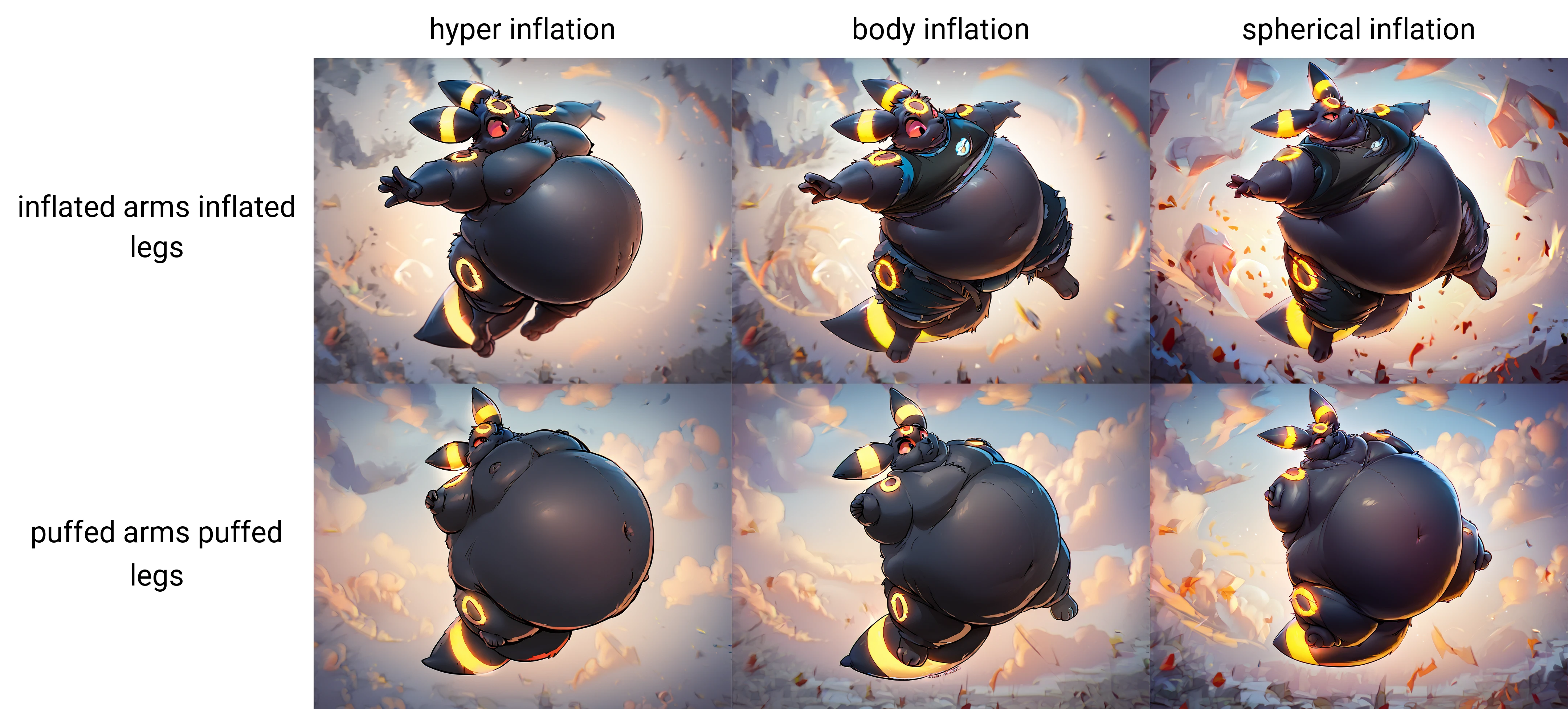 score_9, score_8_up, score_7_up, score_6_up, score_5_up, score_4_up, solo, umbreon, anthro, male, pokemon, pokemon \(species\), generation 2 pokemon, , inflating, floating, hyper inflation, inflated arms inflated legs, by slickehedge <lora:MaleInflationXL-01-Pony-e100:1>