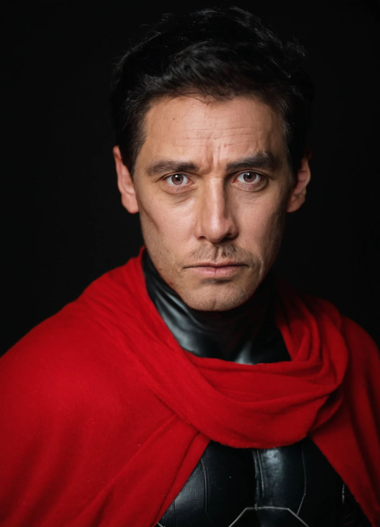 score_8_up BREAK realistic, photo , irl, vhs, analog photography, 1boy, male focus, superhero, black hair, red cape, black background, looking at viewer, closed mouth, upper body, simple background, bodysuit<lora:RetouchPhoto_PonyV6_v3.1:1>