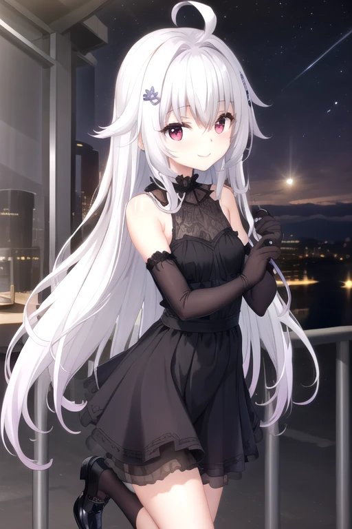 ((masterpiece)),(best quality),official art,extremely detailed CG,unity 8k wallpaper,ultra detailed,beautiful detailed eyes,extremely detailed face,outdoors,1girl,solo,cowboy shot,looking at viewer,facing viewer,smile,(petite:1.3),Yoru,ahoge,very long hair,white hair,hair intakes,hair ornament,hair between eyes,sidelocks,bangs,red eyes,bare shoulders,sleeveless dress,black dress,elbow gloves,black gloves,small breasts,black footwear,<lora:Yoru(hsr):0.7>,