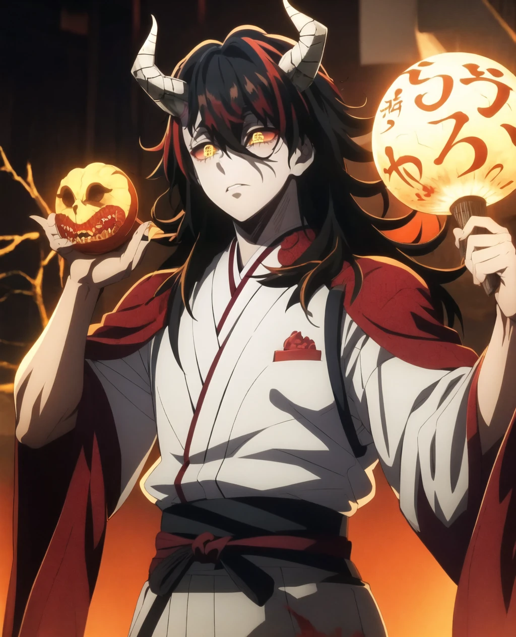 vox,moon_demon,1boy,black hair,yellow eyes,mismatched pupils,demon horns,glowing,glowing eyes,japanese_clothes,<lora:moon_demon_eyes:1>,<lora:vox:0.8>,