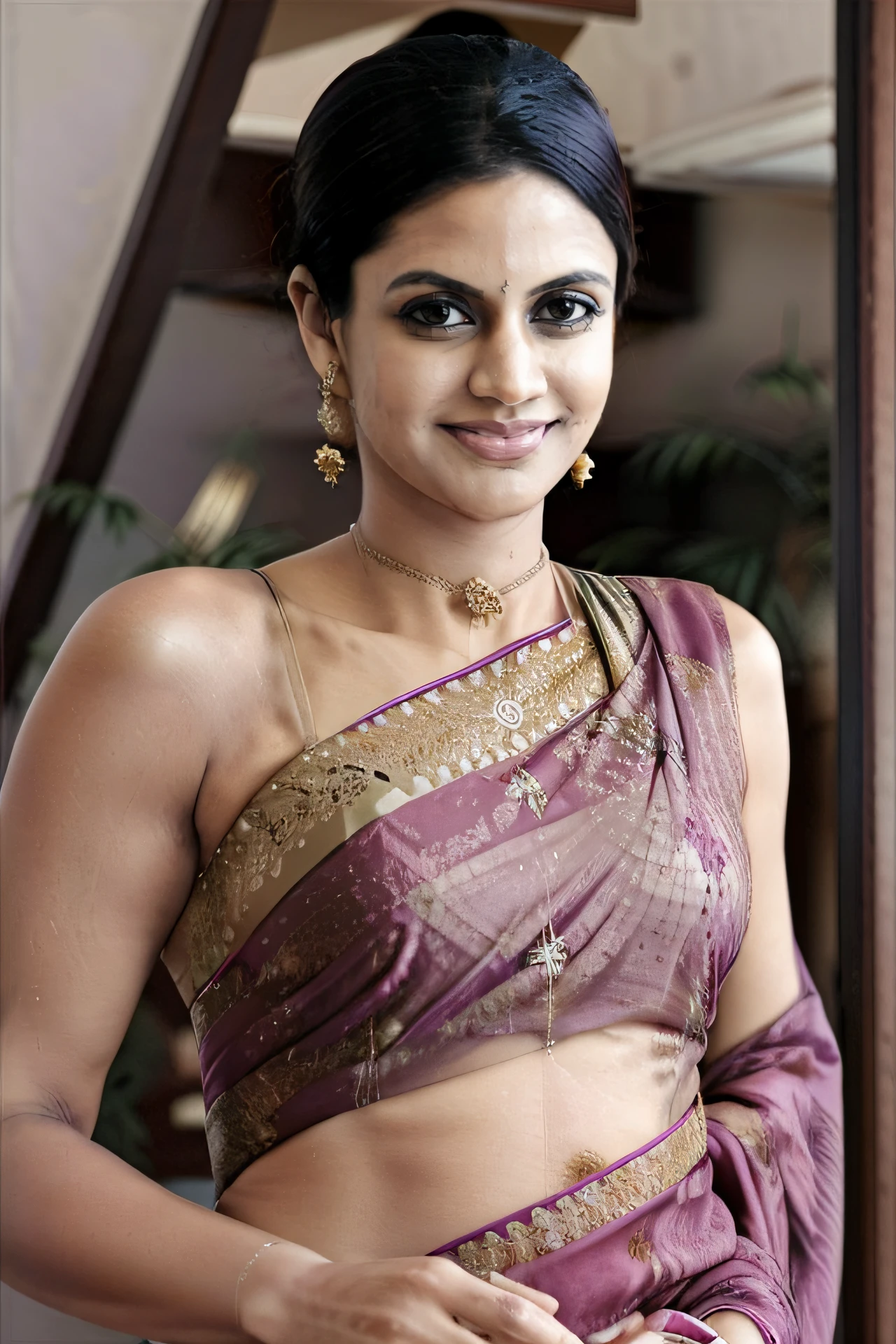 a photo of a 30-year-old woman, mdra, professional portrait photo,high neck Bomkai Saree (Odisha traditional saree), solo, night time, city lights in bokeh <lora:mdra_Mandira_Bedi_SD15_LoRA_prodigy_local_regs:1>