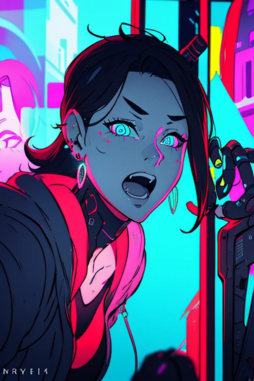 <lora:KoyоrinCyberpunk:1>, (best quality, ), (masterpiece), (absurdres), 1girl, black hair, aqua eyes, fangs, open mouth, earrings, gradient light, portrait, cyberpunk, cyborg, neon colors, neon palette, red light.