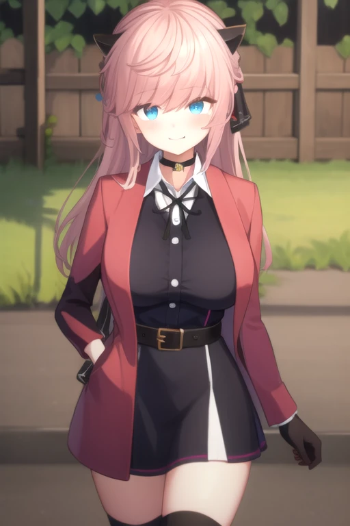 ((masterpiece)),(best quality),official art,extremely detailed CG,unity 8k wallpaper,ultra detailed,beautiful detailed eyes,extremely detailed face,outdoors,1girl,solo,cowboy shot,looking at viewer,facing viewer,smile,Vivi(v atmi),horns,long hair,pink hair,hair ribbon,black ribbon,sidelocks,bangs,blue eyes,choker,red coat,black dress,shirt under dress,collared shirt,white shirt,neck ribbon,white button,long sleeves,black gloves,large ,black belt,black thighhighs,zettai ryouiki,boots,black footwear,<lora:Vivi(v atmi)>,