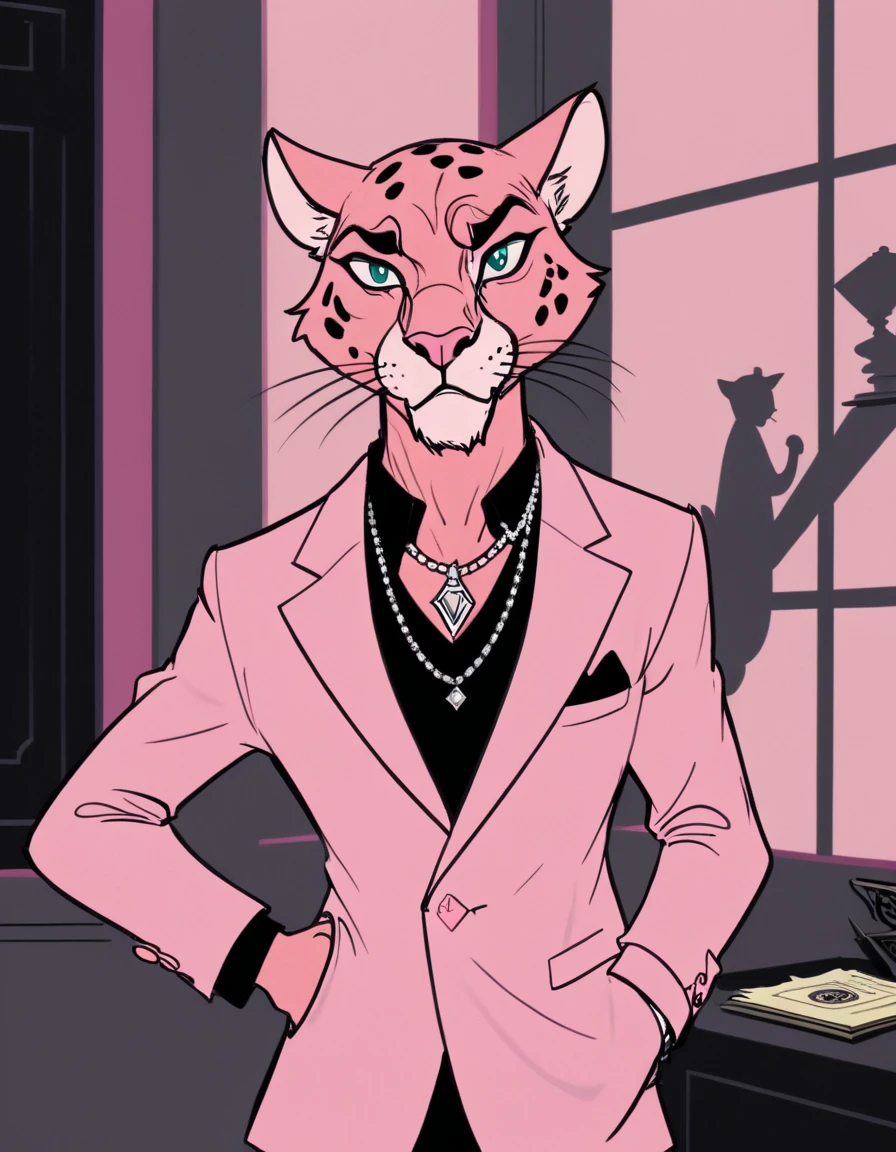 Illustration inspired by the "Pink Panther," (whimsical and playful:1.2), (stylized pink panther character:1.1), (sleek and elegant demeanor:1.1), (mysterious and mischievous expression:1.2), (pink fur with black accents:1.1), (sneaking through shadows:1.2), (classic cartoon charm:1.1), (retro vibes:1.1), (diamond heist setting:1.1), (luxurious mansion background:1.1), (intricate details:1.1), (dynamic posing:1.2), (vibrant colors:1.1), (humorous and engaging narrative:1.2), (nostalgic character portrayal:1.2).






