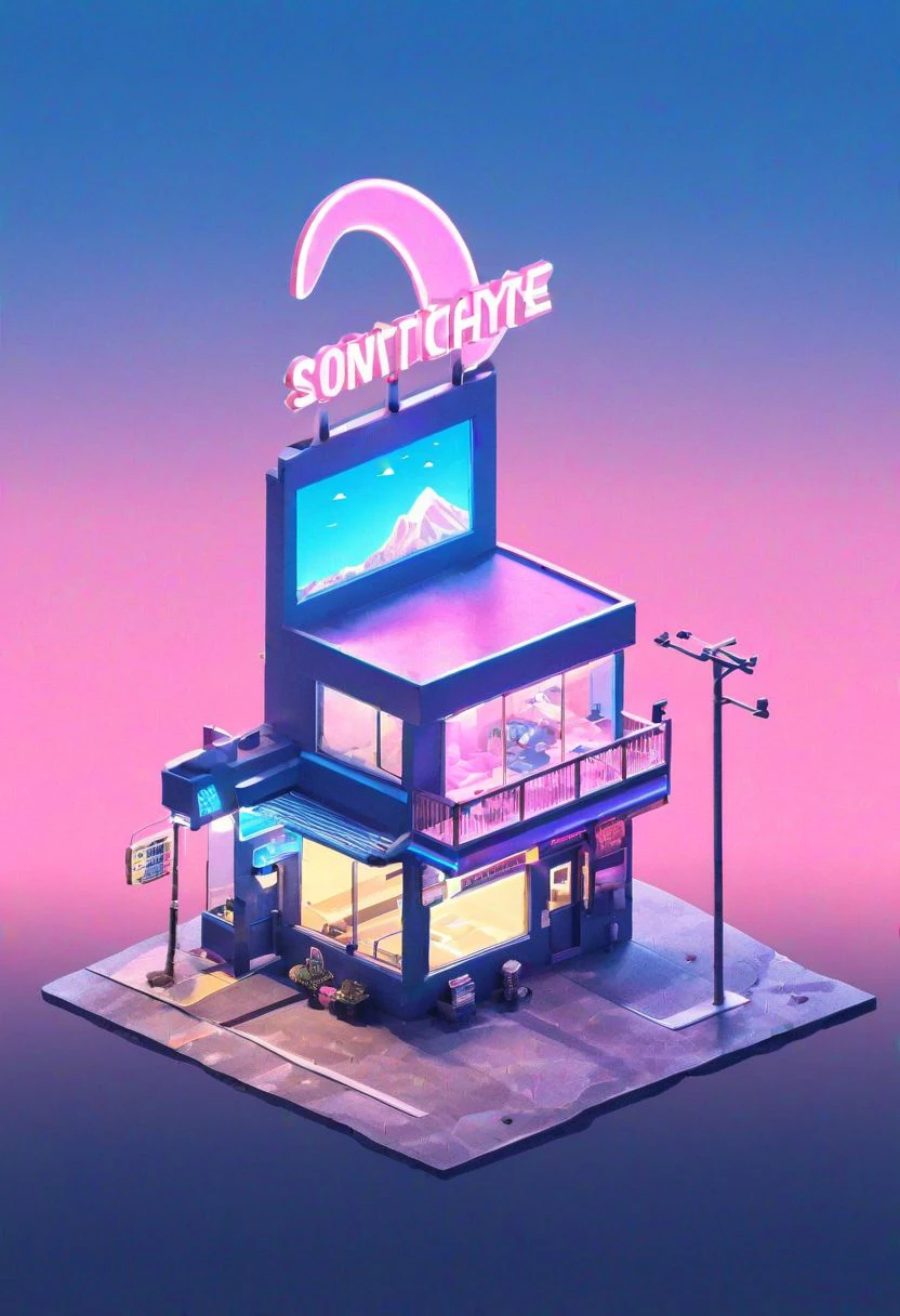 neon isometric, ground vehicle, crescent moon, blue sky, doughnut, utility pole, crystal, storefront, silhouette, scenery, window, rock, indoors, underwater,  electricity, poster (object),  pink sky, game boy