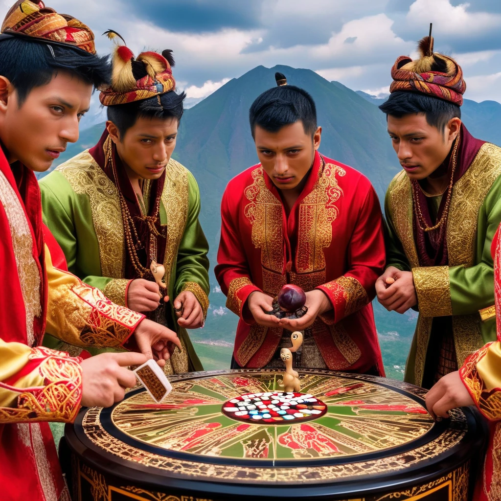 <lora:guatemala:1.3> an intricate photo of multiple young man in traditional clothes playing a game with a pussy looking at the scenery, tack sharp, 4k, masterpiece