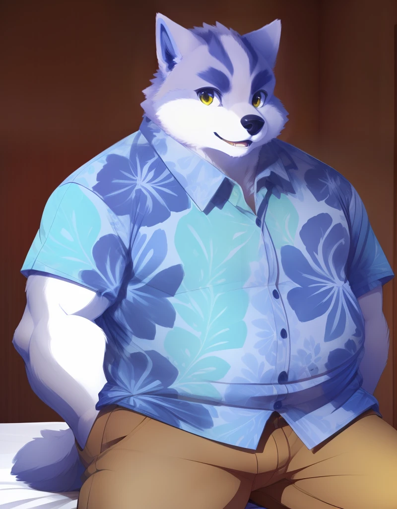 (((detailed eyes, detailed face))), (furry, arashi <lora:character_arashi_findigo_v2:1>, two-tone fur, grey fur, dog boy, snout, yellow eyes), male, (solo), (plump, fat, chubby, overweight), (blue hawaiian shirt, brown pants), sitting, (arms behind back), smile, (front view) BREAK (konzaburou, ukan_muri, cute), bedroom, (flat shading, flat color, high brightness), 8k, UHD, masterpiece, (full body)