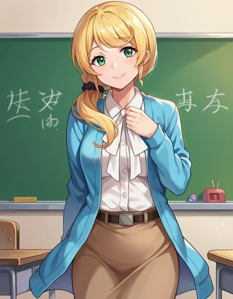 score_9, score_8_up, score_7_up, source_anime,
ellenbaker, <lora:ellen-baker-ponyxl-lora-nochekaiser:1>
ellen baker, blonde hair, green eyes, long hair, ponytail, scrunchie, mature female,
shirt, white shirt, collared shirt, cardigan, blue cardigan, belt, skirt, brown skirt, pencil skirt,
indoors, classroom, smile,
looking at viewer, cowboy shot, dutch angle,