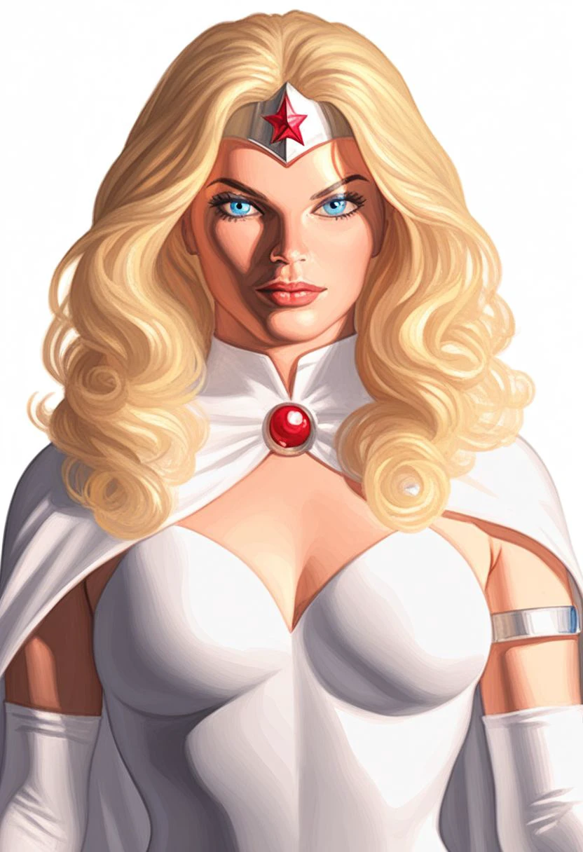 score_9, (rating_safe),  solo, looking at viewer, BREAK 
contrapposto, PONYXL_AlexRoss_ComicArt_ownwaifu, blonde hair, 1girl, blue eyes, elbow gloves, cape, white dress, white background, white gloves, upper body, realistic, lips, jewelry