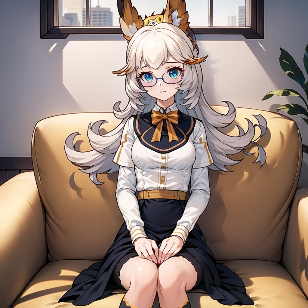 (((masterpiece))),(extremely detailed 8k wallpaper),(((best quality))),<lora:Better light:0.5>,(volume light:0.8),shadow,(best illustration),<lora:kleb-000022:0.8>,solo,(upper_body:1.6),(1girl:1.4),blue eyes,white hair,round eyewear,long hair,bangs,animal on head,owl,(blush:1.2),sitting and on couch,couch,medium breasts,long sleeves,[[:â,:0.5]::0.9],bowtie,white shirt,black skirt,high-waist skirt,kneehighs,black footwear,
(coffee house:1.2),potted plant,(window:1.1) and (day:1.4) and cloudy sky,cityscape,dynamic_angle,