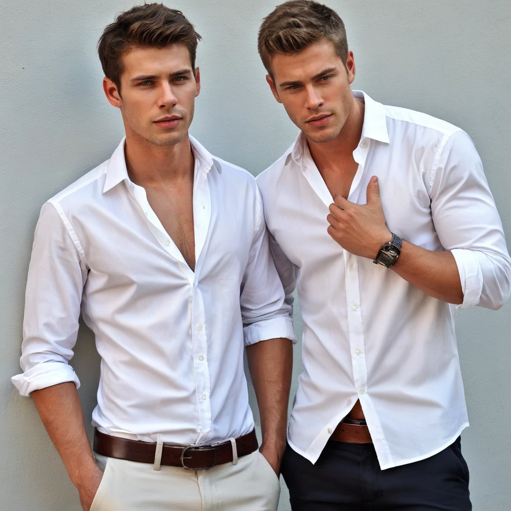 2 hot guys, wearing a white button up shirt, detailed, hotbromance