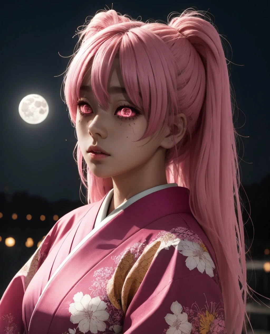 moon_demon,1girl,bangs,pink hair,pink eyes,mismatched pupils,japanese_clothes,<lora:moon_demon_eyes-10:1>,