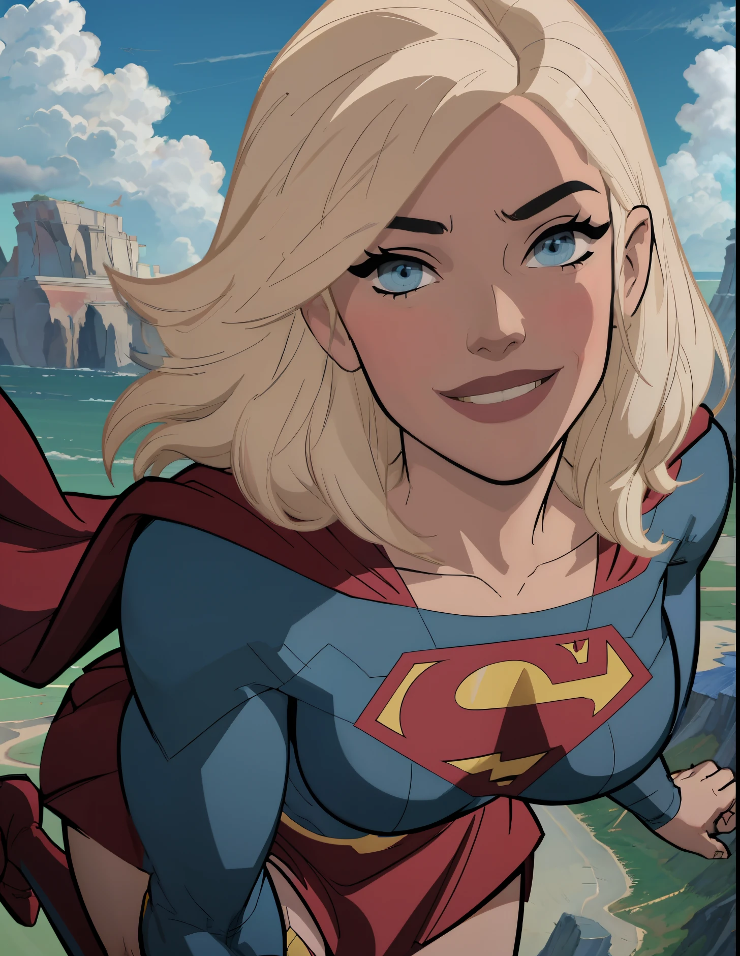 perfect quality,detailed, (medium breasts:1.3),blonde,blue eyes,perfect face,looking at viewer,detailed face,perfect face,smile,cape,detailed eyes,detailed face,looking at viewer, <lora:Supergirl_Tomorrowverse_V2-10:1.3>,skirt,thigh boots,red skirt,,classic superman logo,thighighs,blue top,golden belt,(flying,in sky,clouds:1.2),sexy pose,perfect hands,perfect fingers