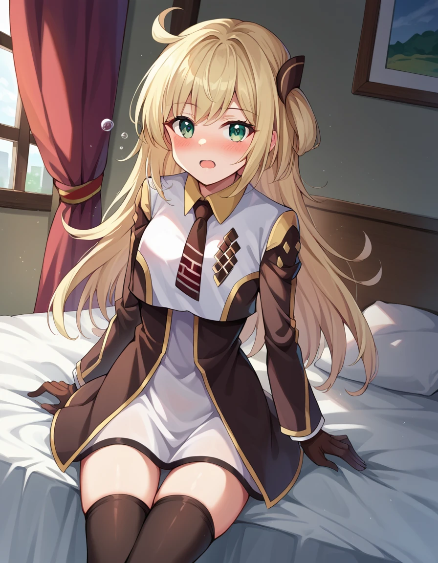 score_9, score_8_up, score_7_up, source_anime,
skystrikeraceraye, <lora:sky-striker-ace-raye-ponyxl-lora-nochekaiser:1>,
sky striker ace raye, blonde hair, green eyes, long hair, one side up,
black thighhighs, collared dress, dress, gloves, long sleeves, short dress, thighhighs, zettai ryouiki,
indoors, bed, bed room, on side, blush, drunk,
looking at viewer, cowboy shot, dutch angle,