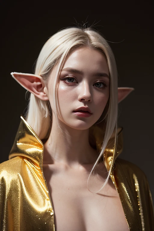 (RAW, professional,masterpiece:1.2), (melancholic:1.2), cinematic lighting, 20 years old, 1girl, elf ears, (transparent golden silk cloak), white blank background night, golden white hair, dark dramatic, Exaggeration, Dark Aesthetic, half body, naked, portrait