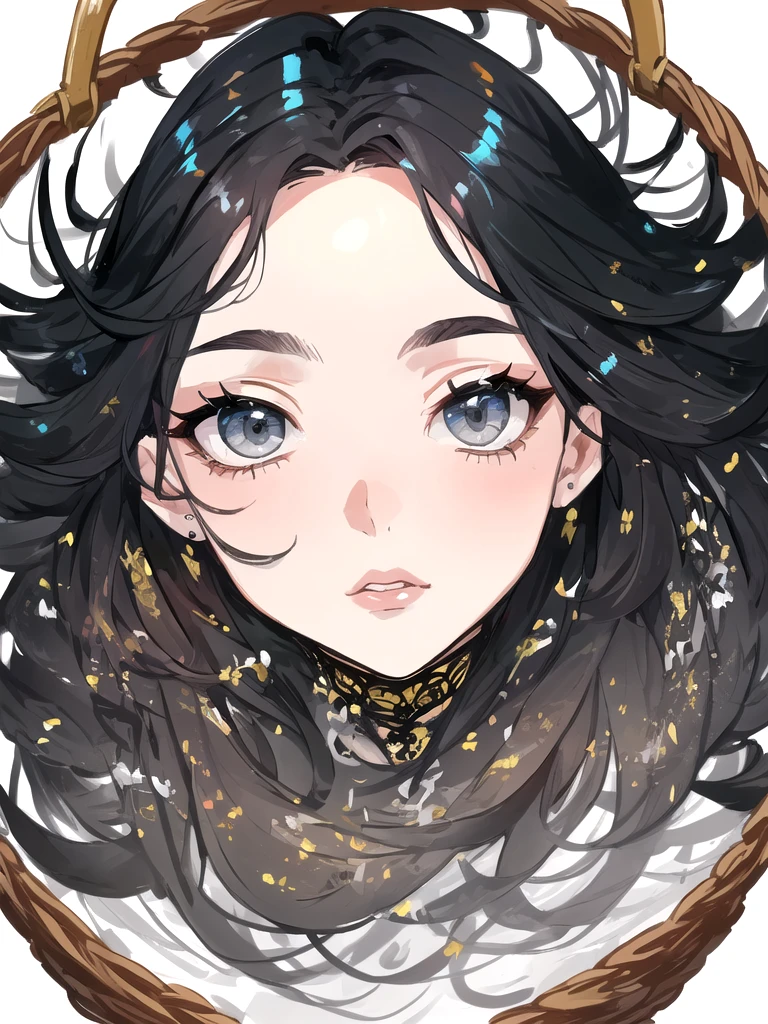 (masterpiece, best quality, highres:1.2),(intricate and beautiful:1.2),(colorful, dynamic angle), only_head,1girl,from above,head inside basket,,black hair,grey eyes,glowing,front view  white background,<lora:sd15_aniverse_Onlyhead:1:lbw=1,0,0,0,0,0,1,0,1,1,0,0,0,1,1,1,1,0,0,0,0,1,0,0,0,0>
