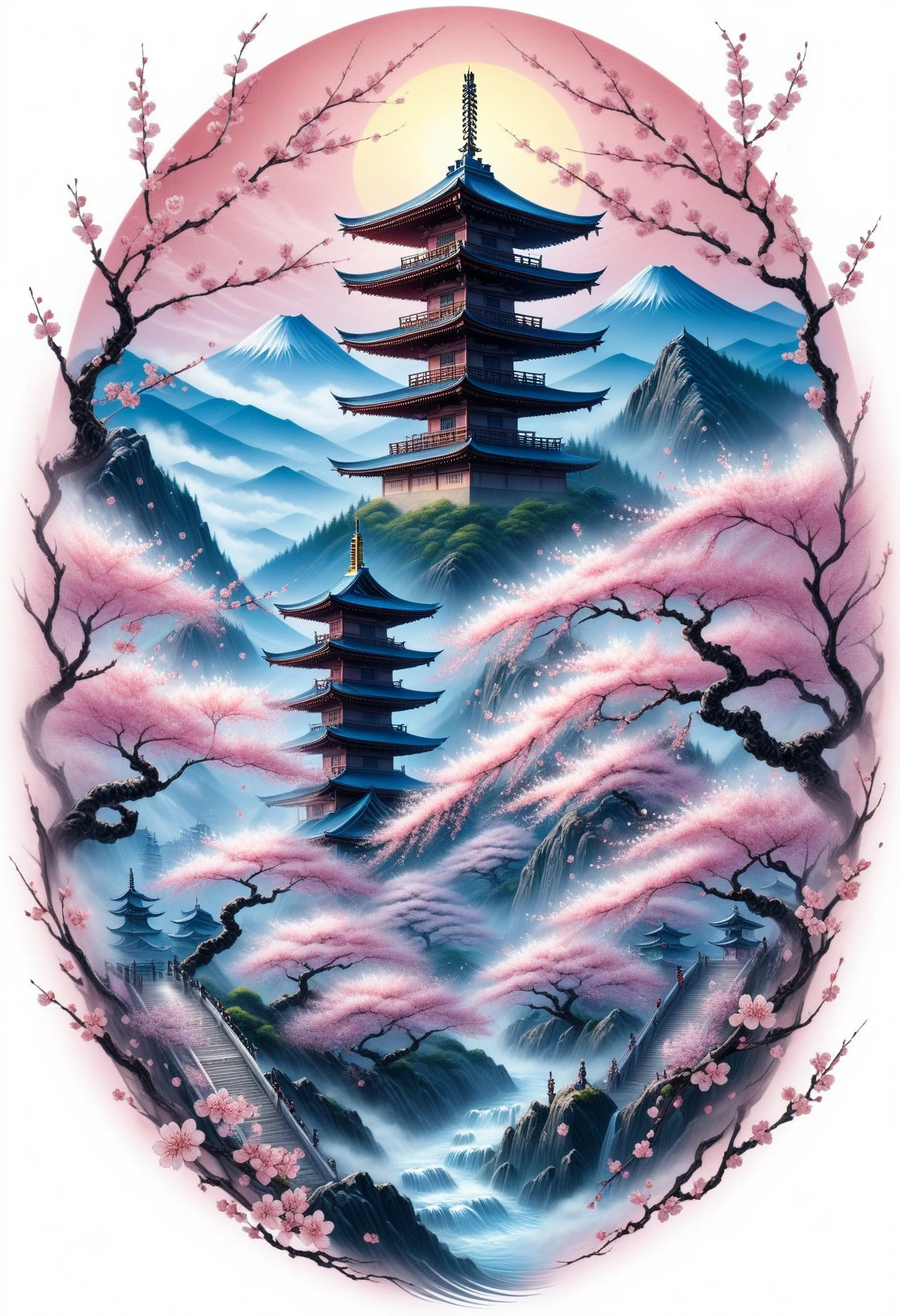 masterpiece, best quality, <lora:EPIrezumiWorldSDXL_epoch_5:1.2>, EPIrezumiWorld, cherry blossoms, tattoo, irezumi, an ethereal city hidden in the mists of a mystical mountain