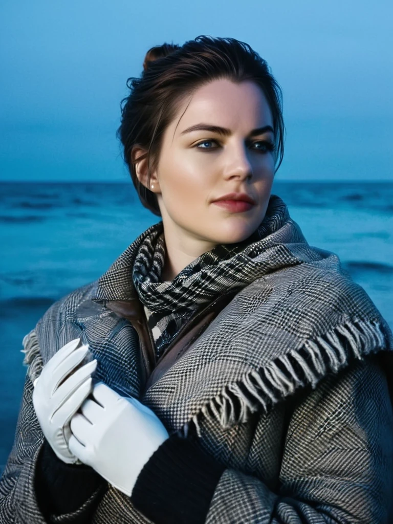 <lora:SDXL_AbigailMarstonV1:1.2>, AbigailMarston, with blue eyes and dark brown hair tied in a bun, wearing a checked grey and white knee-length coat, a grey scarf, and a dark brown patterned gloves, and black boots, surprise, optimistic, medium shot, (masterpiece, high resolution, Technicolor filmstill:1.3), the most hauntingly stunning woman, (piercing gaze:1.2), (dark allure:1.1), standing in a unnerving ocean at midnight, casting eerie shadows, (intense expression:1.1), (ghostly pale skin:1.1), (whispers of the night:1.2), reaching out like skeletal fingers, (unnerving atmosphere:1.2), (dread presence:1.1), shot on a 35mm Arriflex camera with an Angenieux 25-250mm f/3.2 lens, adding a cinematic quality to the haunting scene, a captivating blend of beauty and darkness in a Technicolor filmstill that evokes an ethereal sense of otherworldly enchantment, perfect eyes