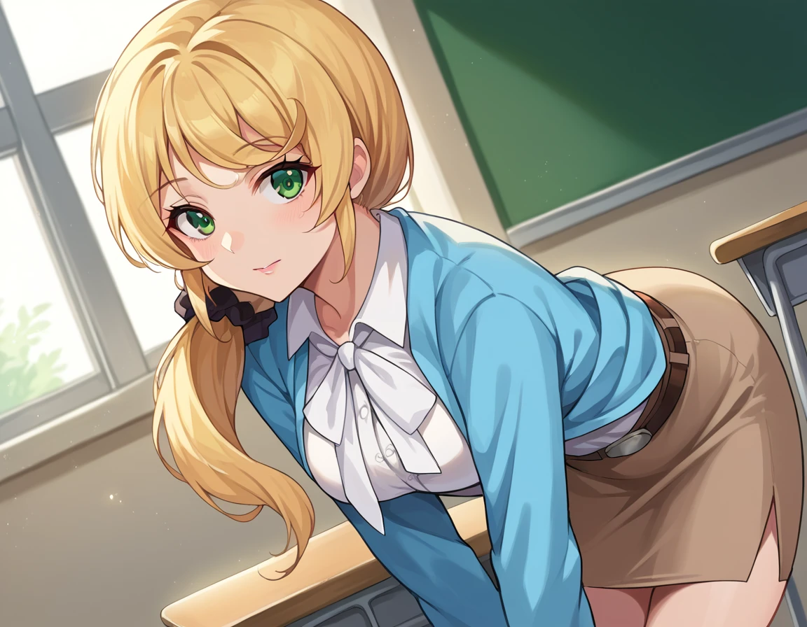 score_9, score_8_up, score_7_up, source_anime,
ellenbaker, <lora:ellen-baker-ponyxl-lora-nochekaiser:1>
ellen baker, blonde hair, green eyes, long hair, ponytail, scrunchie, mature female,
shirt, white shirt, collared shirt, cardigan, blue cardigan, belt, skirt, brown skirt, pencil skirt,
indoors, classroom, bent over,
looking at viewer, cowboy shot, dutch angle,