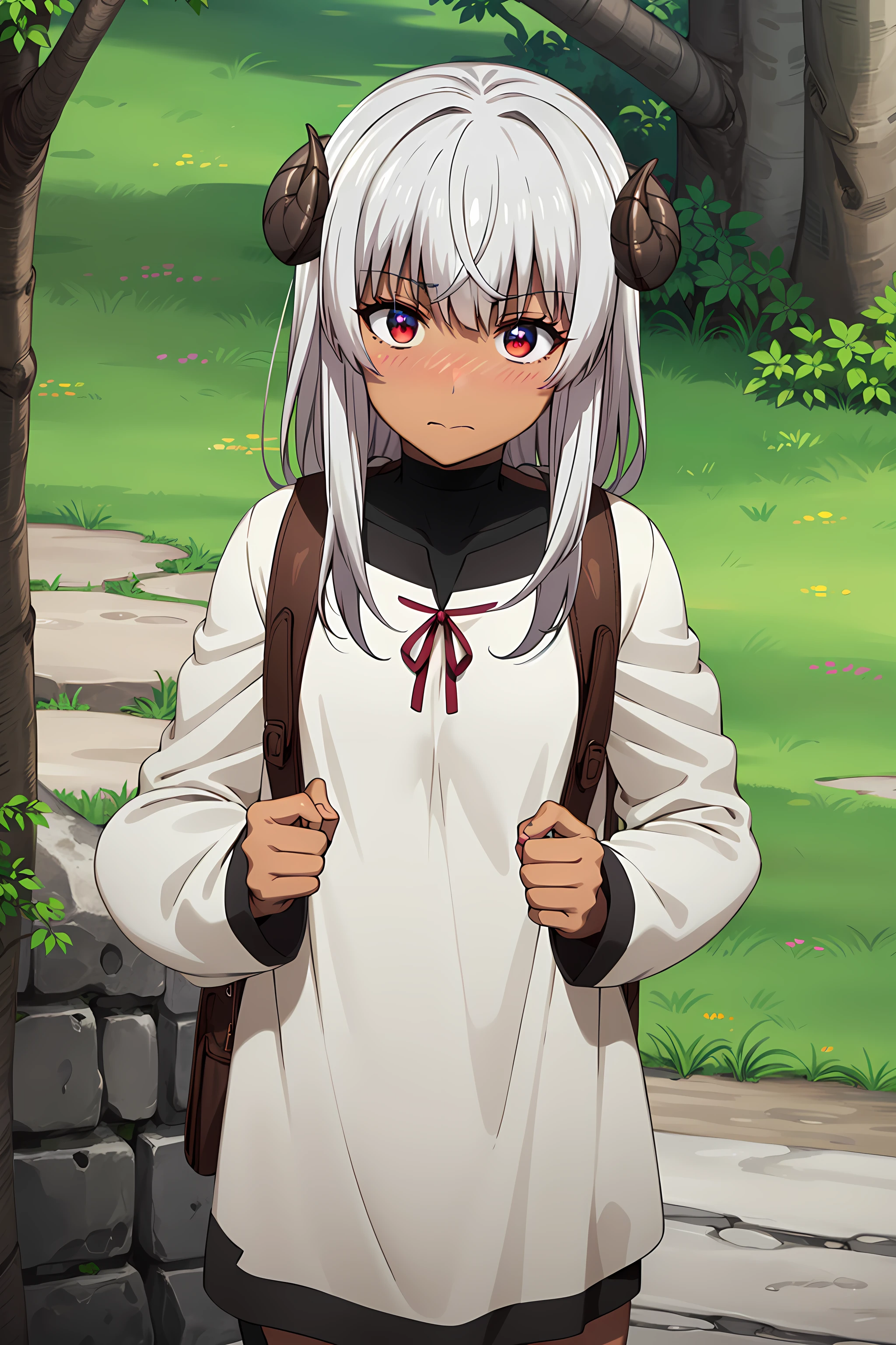 best quality, masterpiece, detailed,
<lora:ChiyuMahouNoMachigattaTsukaikata_Felm:0.9>, Felm,
1girl, closed mouth, blush,
dark skin, grey hair, long hair, red eyes, curled horns,
shirt, ribbon, long sleeves, black socks, bagpack,
looking at viewer,
outdoors, castle, fantasy, tree