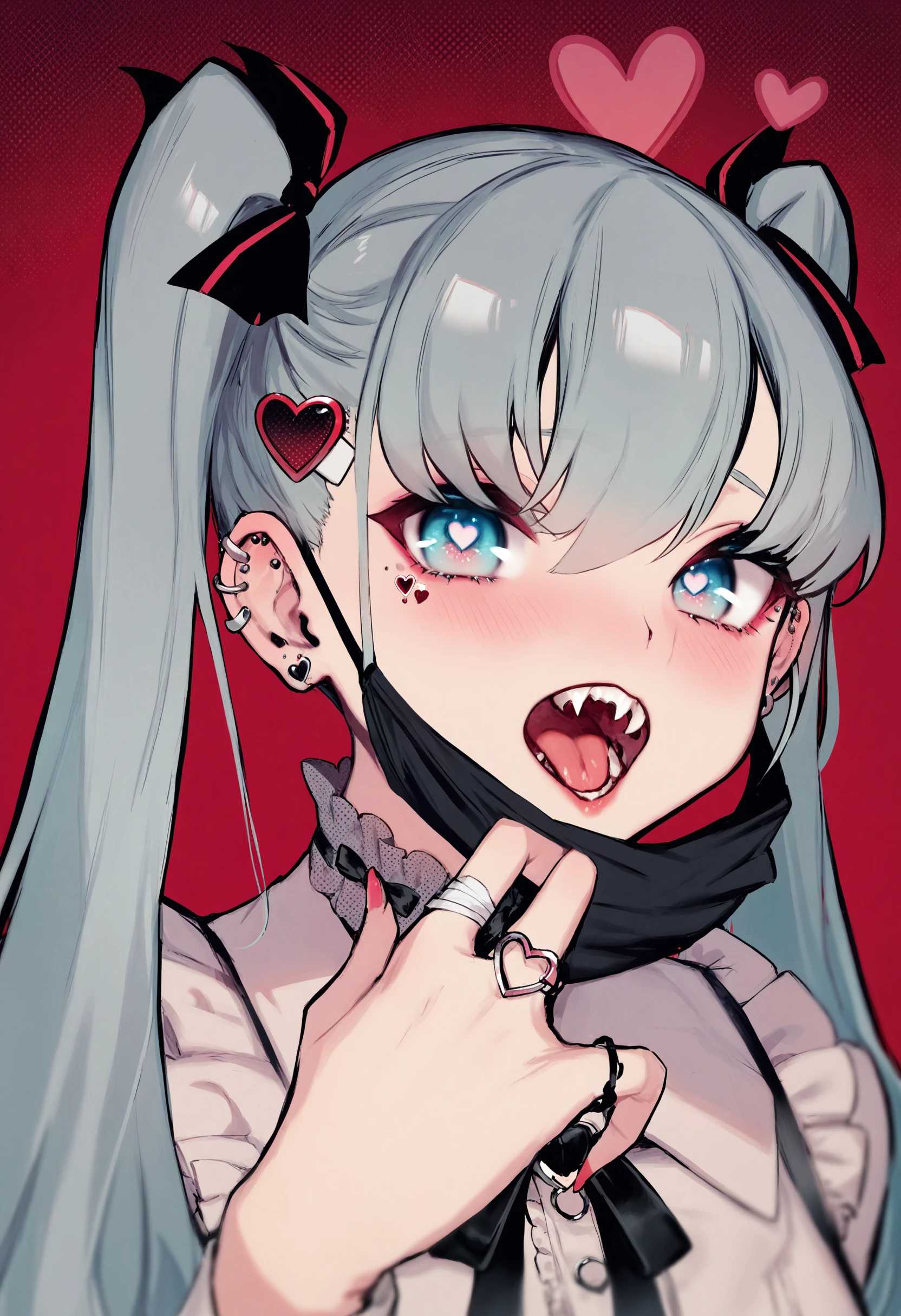 best quality, masterpiece, 1girl, solo, red background, fangs, mask pull, heart, hatsune miku, jewelry, twintails, looking at viewer, piercing, open mouth, mask, ring, blue eyes, mouth mask, bangs, halftone, heart hair ornament, hair ornament, ear piercing, jirai kei, shirt, wings, long hair, detached wings, heart o-ring, mini wings, teeth, hair ribbon, simple background, earrings, vampire, ribbon, tongue, bandaid, blush, bright pupils, grey hair, bat wings, frills, portrait, black ribbon
<lora:rsefXLlokr4f-000143:0.95>