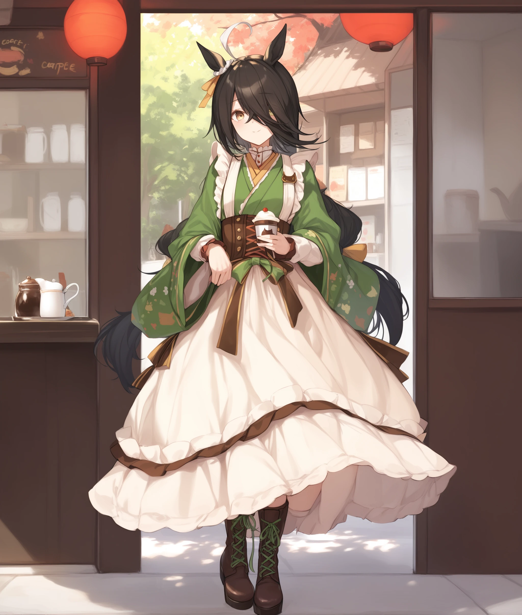 score_9, score_8_up, score_7_up, 2D, anime BREAK
spring, cafe,
verdant_night, 1girl, solo, looking at viewer, bangs, black hair, dress, animal ears, hair between eyes, standing, full body, yellow eyes, ahoge, boots, japanese clothes, alternate costume, hair over one eye, cosplay, brown footwear, horse ears, horse girl, cross-laced footwear, long bangs,
<lora:Manhattan Cafe-ponyXL_locon:0.9>,