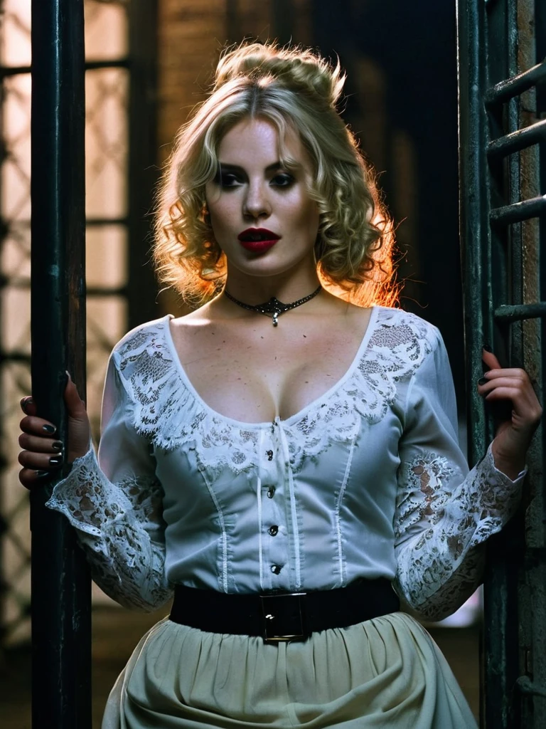 <lora:SDXL_KarenJones:1.1>, KarenJones, blonde hair with ringlets on the sides and (a bun at the top:1.1), (freckles:1.1), wearing white blouse with a deep cleavage, a long purple skirt with white lace at the end, with a brown belt with a silver buckle, and black boots, scared, curious, medium shot, (masterpiece, high resolution, Technicolor filmstill:1.3), the most hauntingly fetching woman, (piercing gaze:1.2), (dark allure:1.1), arms up in a threatening prison at day, casting eerie shadows, (intense expression:1.1), (ghostly pale skin:1.1), (whispers of the night:1.2), reaching out like skeletal fingers, (distressing atmosphere:1.2), (forbidding presence:1.1), shot on a 35mm Arriflex camera with an Angenieux 25-250mm f/3.2 lens, adding a cinematic quality to the haunting scene, a captivating blend of beauty and darkness in a Technicolor filmstill that evokes an ethereal sense of otherworldly enchantment, perfect eyes