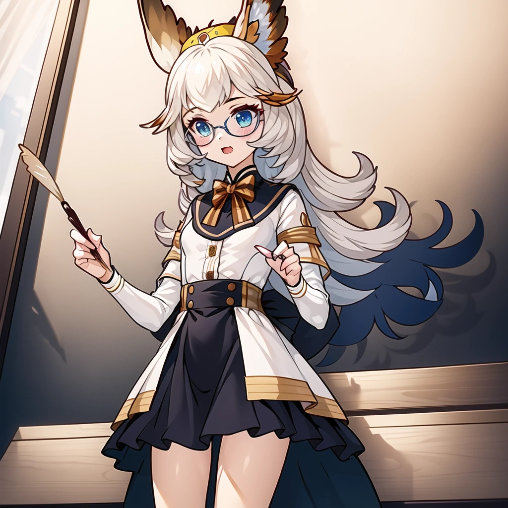 (((masterpiece))),(extremely detailed 8k wallpaper),(((best quality))),<lora:Better light:0.5>,(volume light:0.8),shadow,(best illustration),<lora:kalliope:0.8>,solo,(1girl:1.6),(upper_body:1.7),blue eyes,white hair,round eyewear,long hair,bangs,animal on head,(owl:1.1),(blush:1.1),standing,holding_quill,quill,medium breasts,long sleeves,[[:â,:0.4]::0.95],bowtie,white shirt,black skirt,high-waist skirt,(kneehighs:0.8),(black footwear:0.8),
(library:1.2),(window:1.1) and (day:1.4) and cloudy sky,cityscape,dynamic_angle,