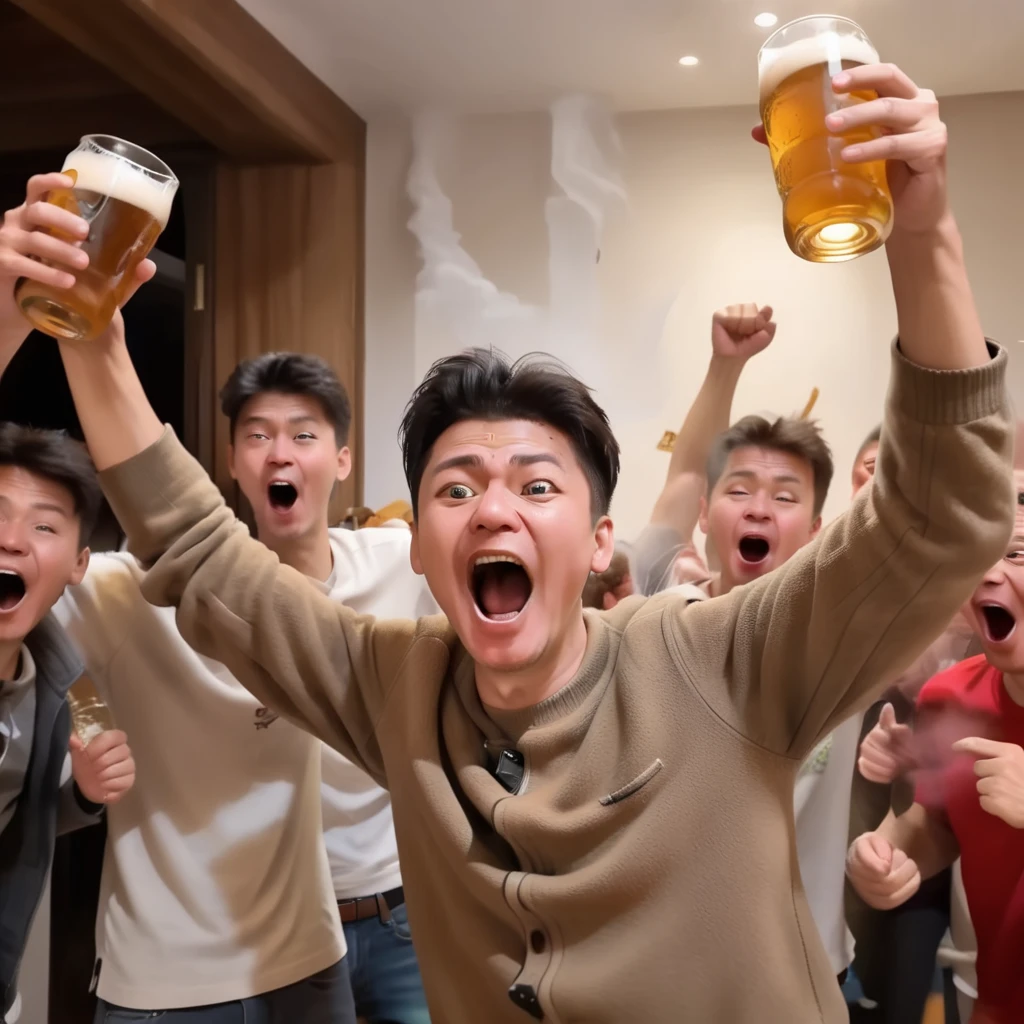 Generate an image in a realistic style of a man holding a beer, shouting in excitement. Capture the moment's energy with detailed facial expressions showing exhilaration and the dynamic motion of the shout. The setting is casual, possibly at a sports event or a festive gathering, with the focus on the manâs vivid emotions and the beer held aloft, symbolizing celebration, <lora:magicbuy:0.9>