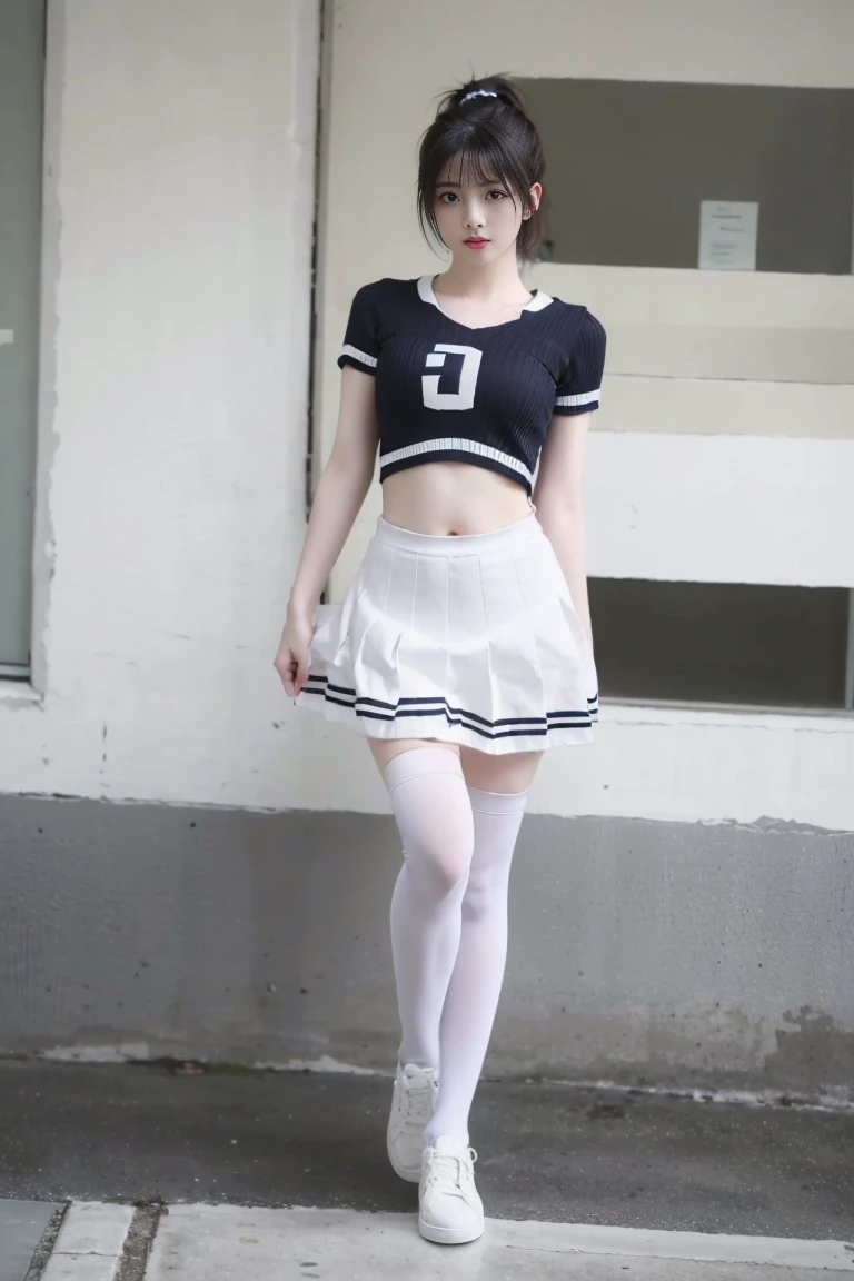 (full_body:1.3),the perfect hand,<lora:perfect hands:0.9>,standing,high quality,highres,super clear,16k,hud,in the outdoor,realive,realistic,1girl,solo,ponytail,brown hair,navel,midriff,blue t-shirt,exposed waist,white_thighhighs,striped,bangqiufu,<lora:bangqiufu:0.8>,white pleated skirt,audience oriented,arm,v_legs,fat,front,sneakers,<lora:guoguo_v1:0.8>,