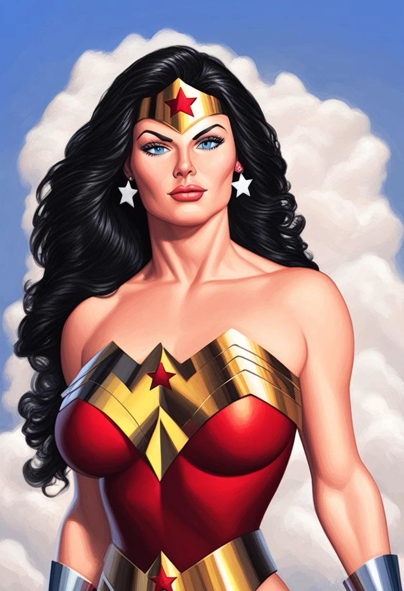 score_9, (rating_safe),  solo, looking at viewer, BREAK 
contrapposto, wonder woman, PONYXL_AlexRoss_ComicArt_ownwaifu, black hair,  highleg leotard, tiara, 1girl, long hair, cloud, breasts, jewelry, sky, earrings, star (symbol), lips