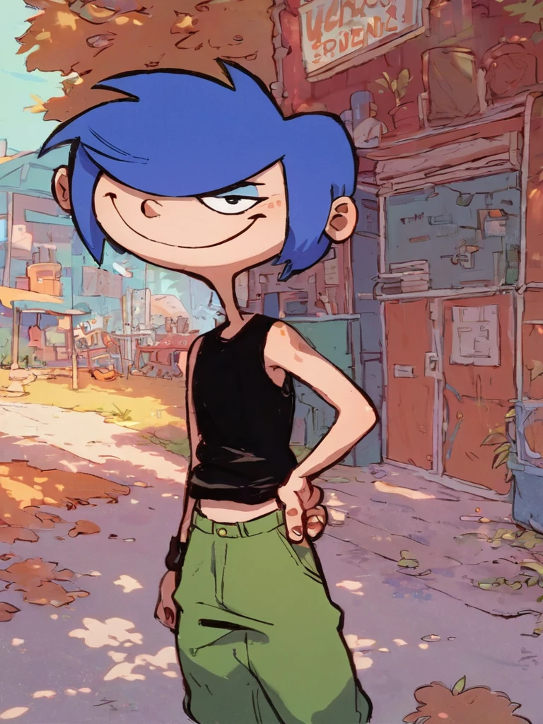 mariek, blue hair, short hair, hair over one eye, 1girl, solo, smile, green pants, tank top,standing, barefoot, tied ankles together, ,outdoors,looking at viewer,arms behind back,      zPDXLxxx