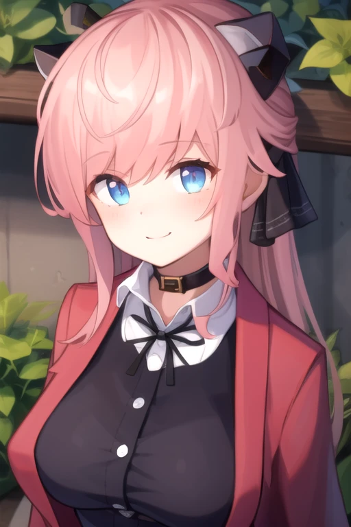 ((masterpiece)),(best quality),official art,extremely detailed CG,unity 8k wallpaper,ultra detailed,beautiful detailed eyes,extremely detailed face,outdoors,1girl,solo,upper body,(portrait:1.5),looking at viewer,facing viewer,smile,Vivi(v atmi),horns,long hair,pink hair,hair ribbon,black ribbon,sidelocks,bangs,blue eyes,choker,red coat,black dress,shirt under dress,collared shirt,white shirt,neck ribbon,white button,long sleeves,black gloves,large ,black belt,black thighhighs,zettai ryouiki,boots,black footwear,<lora:Vivi(v atmi)>,