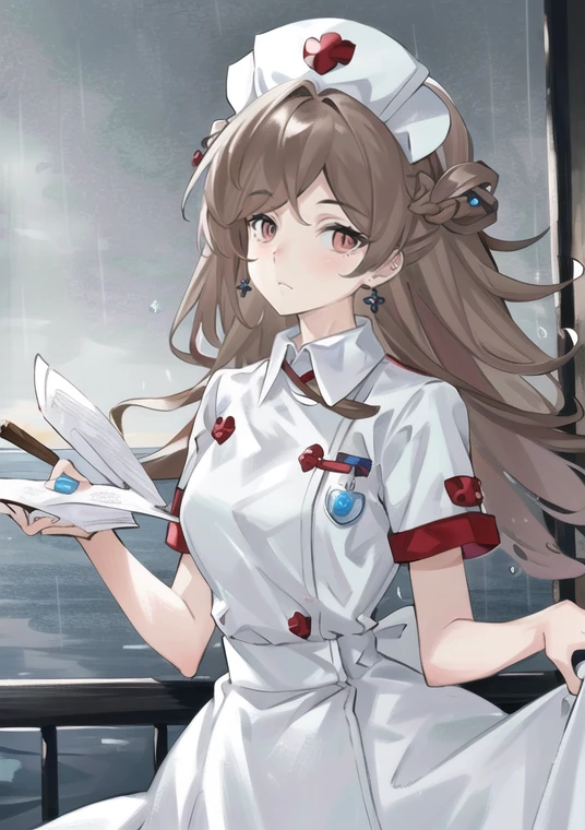 8kï¼ultra-detailed, illustration, (beautiful detailed eyes), beautiful, amazing, detailed eyes, (((masterpiece))),1girlï¼wedding_dress,big hair,,light brown hair, <lora:YYS:0.9>,hair rings,rainï¼red hair,nurse cap