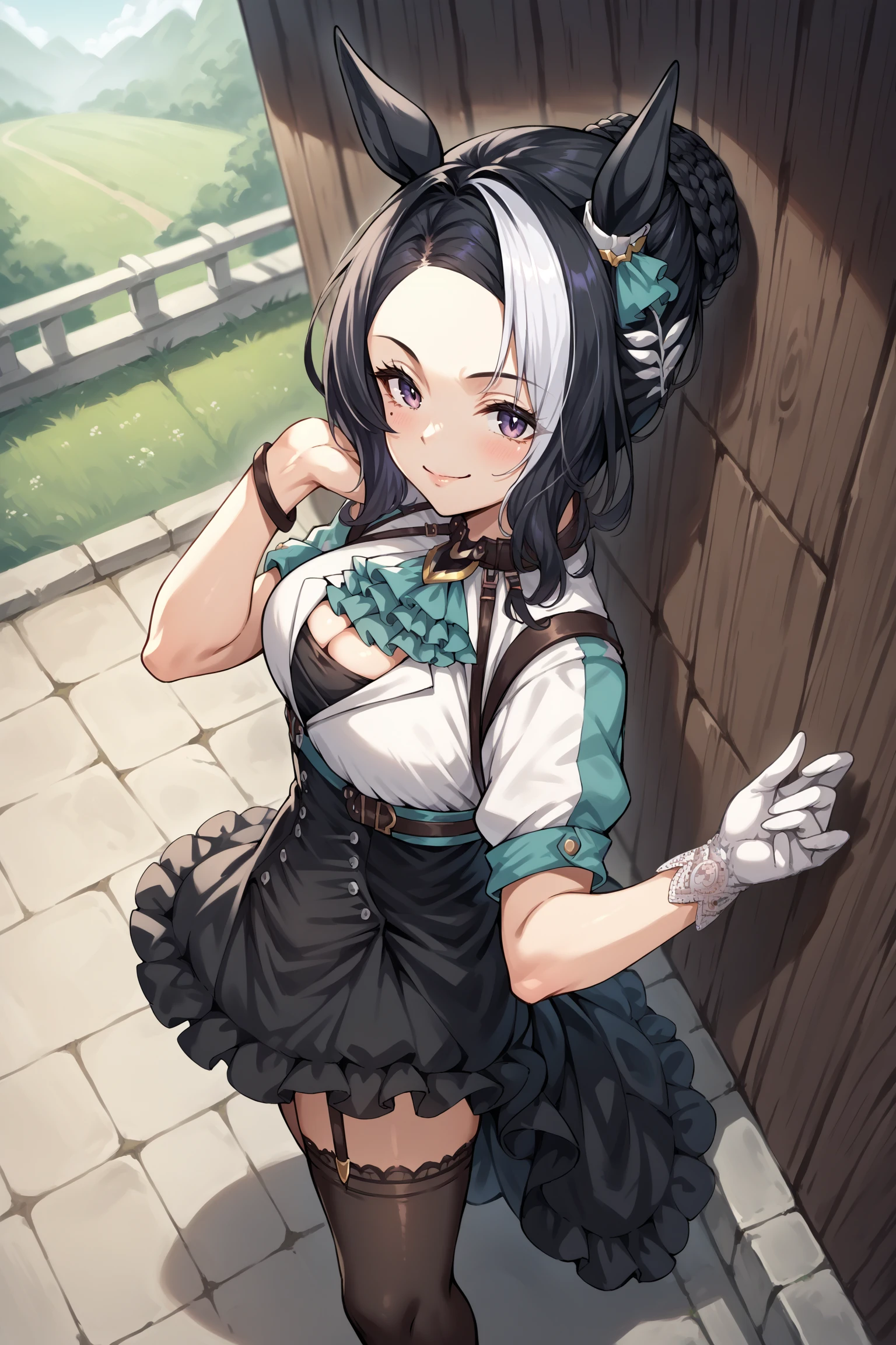 score_9, score_8_up, score_7_up, , rating_general,1girl , rmnsd, horse girl, multicolored hair, braided bun, streaked hair, ear ornament, mole under eye, green ascot, multicolored clothes ,cleavage cutout, harness, , belt, bracelet, single glove, frilled high-waist skirt, horse tail, single garter strap, single black thighhigh, dynamic angle , source_anime, cowboy shot, outdoors, naughty face, smile, from side, <lora:MejiroRamonuPDCAMEv3 UMA:1>, full body,