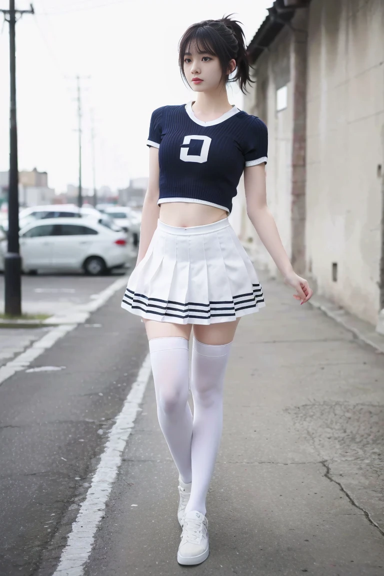 (full_body:1.3),the perfect hand,<lora:perfect hands:0.9>,standing,high quality,highres,super clear,16k,hud,in the outdoor,realive,realistic,1girl,solo,ponytail,brown hair,navel,midriff,blue t-shirt,exposed waist,white_thighhighs,striped,bangqiufu,<lora:bangqiufu:0.8>,white pleated skirt,audience oriented,arm,v_legs,fat,front,sneakers,<lora:guoguo_v1:0.8>,