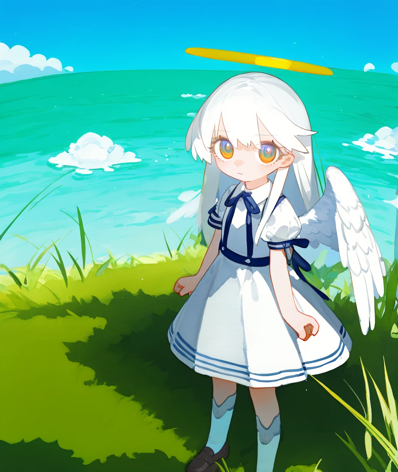 lvzi,1girl, angel, angel wings, blue eyes, dress, expressionless, fish, grass, halo, long hair, looking at viewer, painting \(medium\), solo, surreal, tall grass, traditional media, water, watercolor \(medium\), white dress, white hair, wings,, <lora:lvzi-000006:1>, best quality,amazing quality,very aesthetic,absurdres,