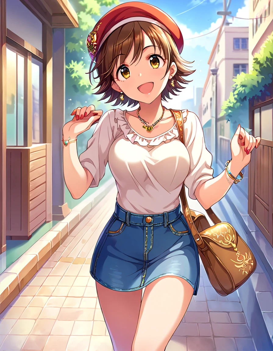 score_9, score_8_up, score_7_up, source_anime,
pinup of 1girl, solo, dutch angle,  dating, lovers, walking, joyful, smile, open mouth, (looking at viewer:1.2),
outdoors, street, 
 <lora:HondaMio_v1:0.9>
hndmo, short hair, brown hair, yellow eyes, medium breasts, bouncing breasts, 
casual wear, shirt, hat, beret, miniskirt, denim skirt, thighs,
lipstick, earrings, necklace, bracelet, nail polish, 
detailed eyes, eye refraction,