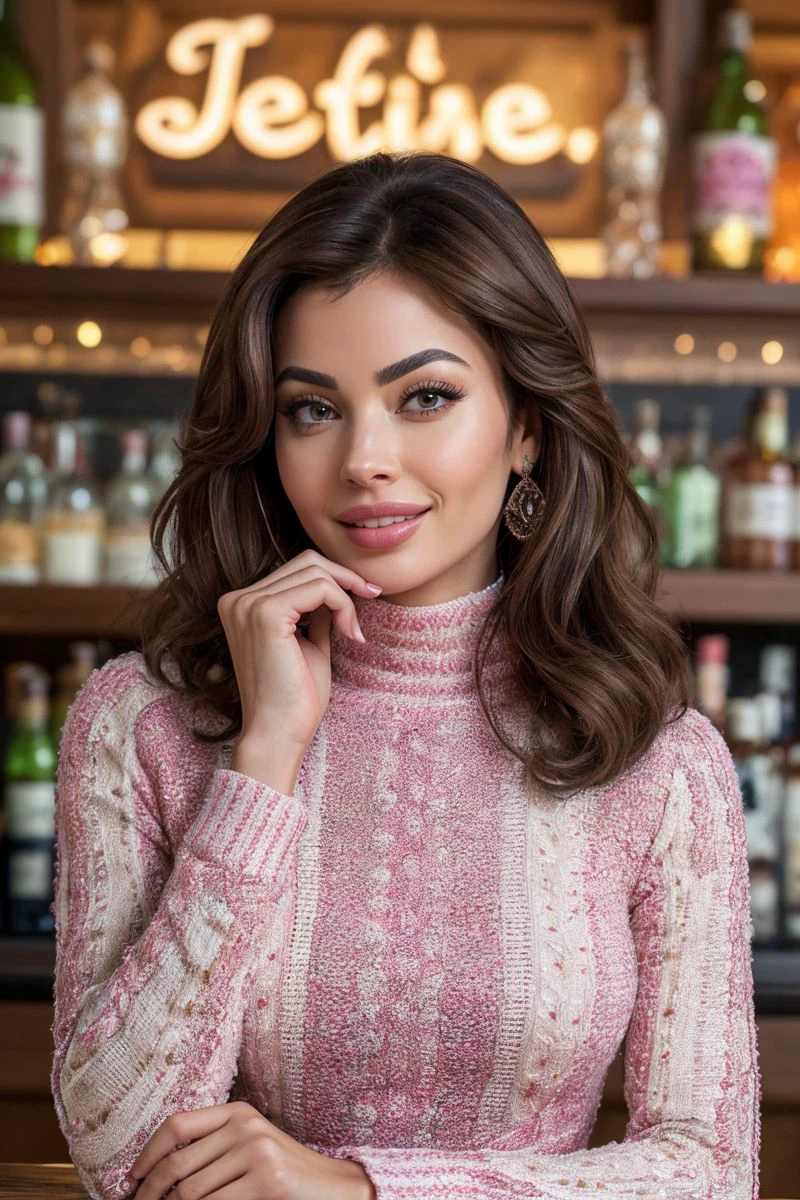 photo of S367_AlenaKhovrina,an attracitve woman,in a (bar:1.1),wearing a (pink and white turtleneck-dress:1.1),(smiling),(4k, RAW photo, best quality, 35mm, depth of field, ultra high res:1.1),(intricate, photorealistic, cinematic-shot, masterpiece, ultra-detailed:1.1),