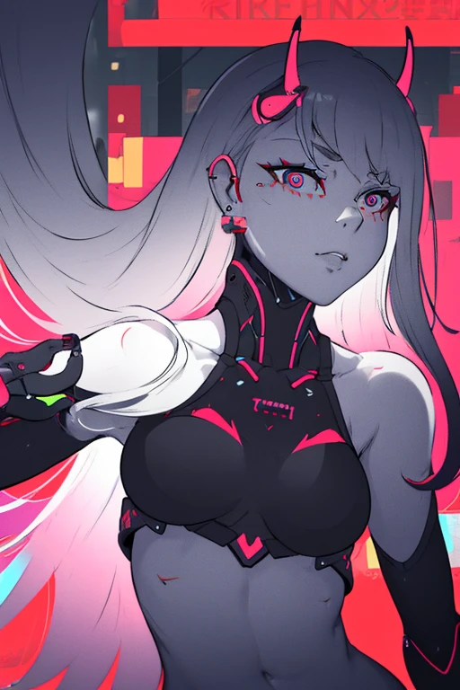 <lora:KoyоrinStyle:1>, (best quality, ), (masterpiece), (absurdres), 1girl, skinny, small brest, slim frame, white hair, bangs, grey eyes, black sclera, makeup, earrings, gradient light, portrait, cyberpunk, cyborg, neon colors, neon palette, red light