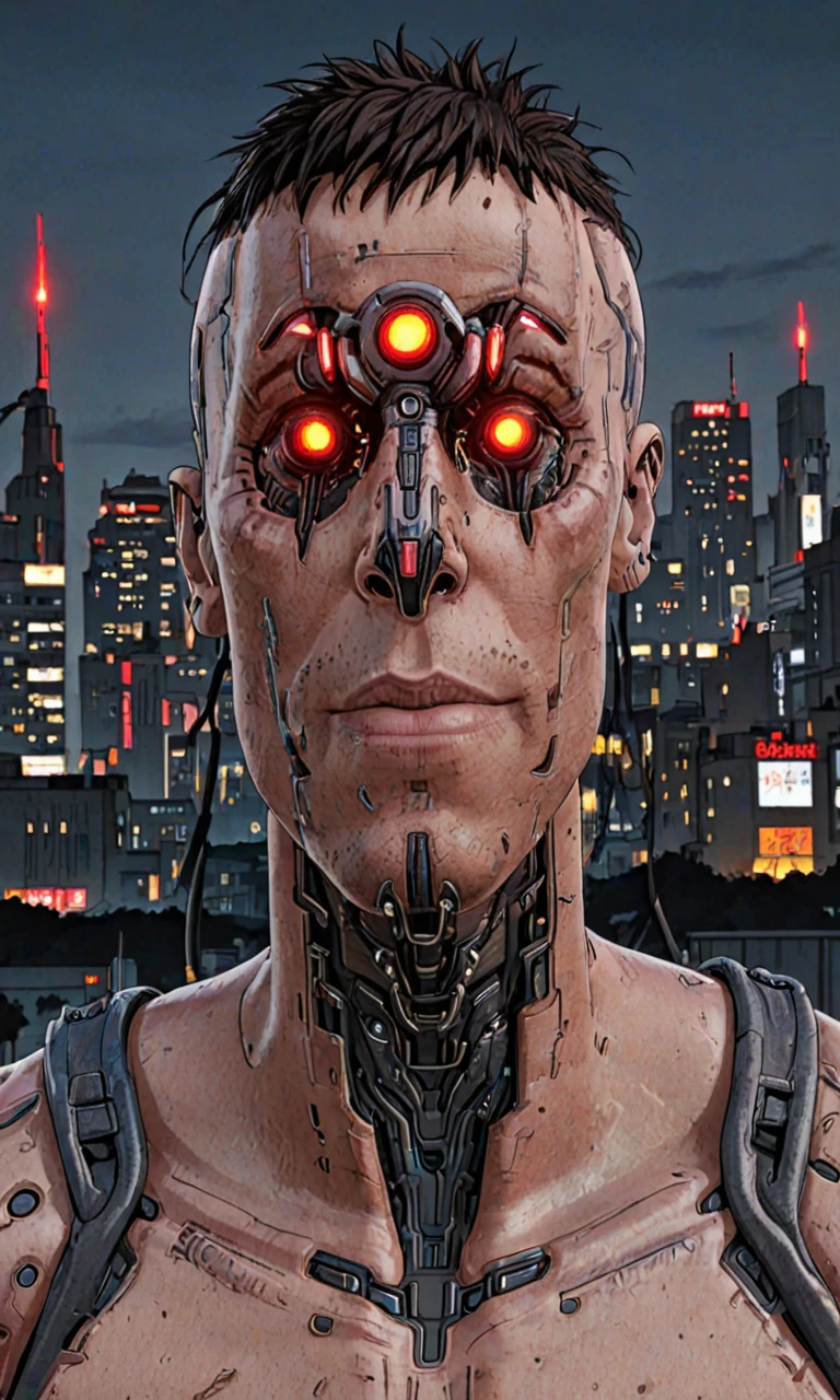 (cyborg:0.9), (glowing eyes:0.45), Maestrom, cyberpunk, science fiction, outside, city background, symmetrical face, 1boy, handsome, anime, attractive