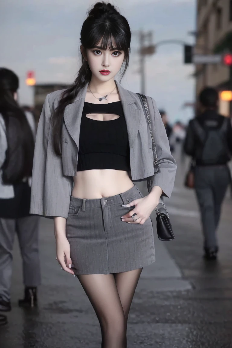 (the perfect hand:1.2),<lora:perfect hands:0.9>,standing,high quality,highres,super clear,16k,hud,realive,realistic,1girl,solo,navel,exposed waist,audience oriented,(arm:1.2),(v_legs:1.2),fat,front,<lora:zhiyezhuang:0.8>,zhiyezhuang,short coat,grey_coat,business attire,skirt,wrong hip skirt,black t-shirt,<lora:Absolutely realistic2.0:0.4>,black silk,street,<lora:guoguo_v1:0.8>,