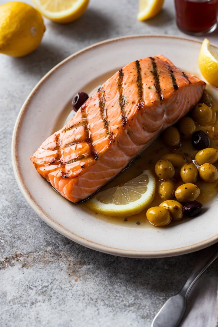 Food photography style,grilled salmon meat, lemon, olives, sauce,,,90th photos from photo album, film, vintage style, flash from camera, hyper realistic,fine textures,high quality textures of materials, volumetric textures, natural textures, (natural colors, correct white balance, color correction, dehaze,clarity)