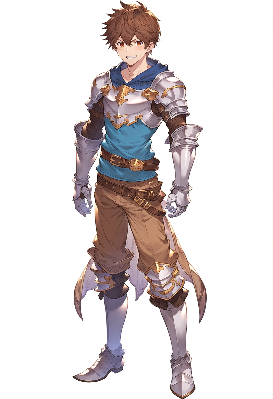 score_9, score_8_up, score_7_up, score_6_up, masterpeice, BREAK
source anime, granblue_fantasy_style_xl, granblue, gran (granblue fantasy), 1boy, male focus, silver armor, solo, brown hair, brown eyes, full body, looking at viewer, gauntlets, pants, hood, boots, brown pants, standing, grin, belt, hood down, armored boots, bangs, short hair, blue shirt, hoodie, breastplate
<lora:granblue_fantasy_style_pony:1>