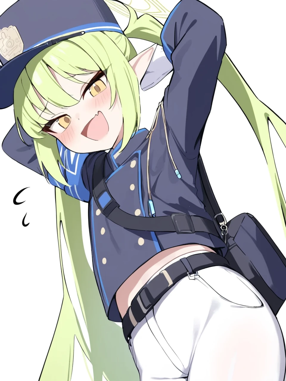 1girl,highlander twintails conductor (blue archive),1girl, solo, halo, white pantyhose, white background, hat, shorts, simple background, white gloves, twintails, blush, looking at viewer, blue headwear, arm behind head, open mouth, flying sweatdrops, jacket, arm up, bag, long sleeves, :d, black belt, uniform, skin fang, cowboy shot, midriff peek
<lora:delta_char_highlander_twintails_conductor_(blue_archive)-000020:1>,masterpiece, best quality, absurdres