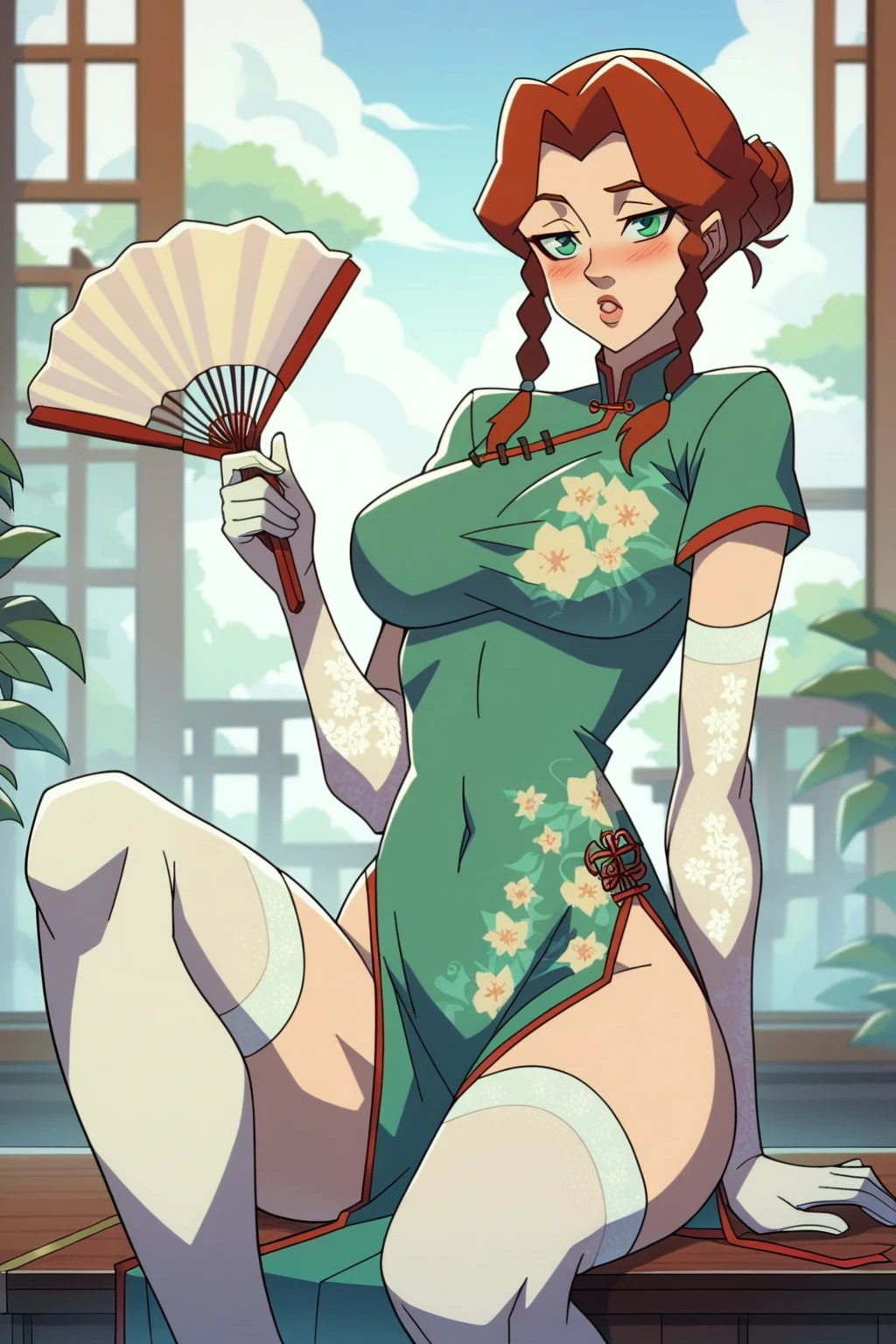 score_9, score_8_up, score_7_up,1girl alternate_costume aqua_eyes arm_at_side blush braid breasts china_dress chinese_clothes curvy dress elbow_gloves feet_out_of_frame floral_print gloves green_dress green_eyes hand_fan hand_up hip_vent holding holding_fan indoors large_breasts lips long_hair looking_at_viewer parted_bangs print_dress red_hair short_sleeves single_braid sitting solo straight_hair thick_thighs thighhighs thighs tsurime twin_braids upturned_eyes v-shaped_eyebrows very_long_hair white_gloves white_thighhighs wide_hips