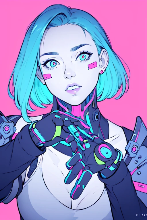 <lora:KoyÐ¾rinCyberpunkV2:1>, ., (best quality, ), (masterpiece), (absurdres), 1girl, short_hair, flat color, portrait, cyberpunk, cyborg, neon colors, neon palette, simple background, white background, pink background
