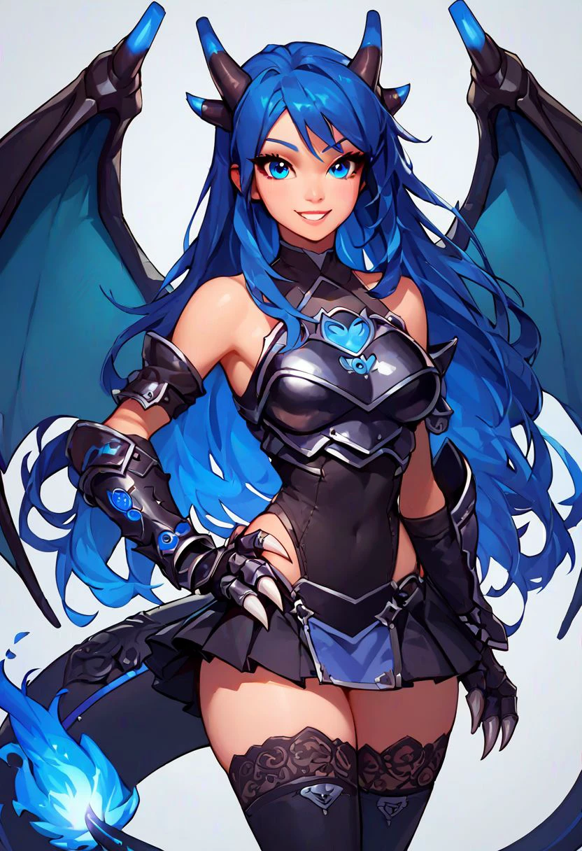 score_9, score_8_up, score_8, medium breasts, 
(curvy), cute, eyelashes, 
Charizard, horns, black armor, long hair, blue hair, blue eyes, breastplate, gauntlets, bare shoulders, big claws, blue fire,  
 smile, looking at viewer, cowboy shot, contrapposto, hand on hip, 
skirt, thighhighs,