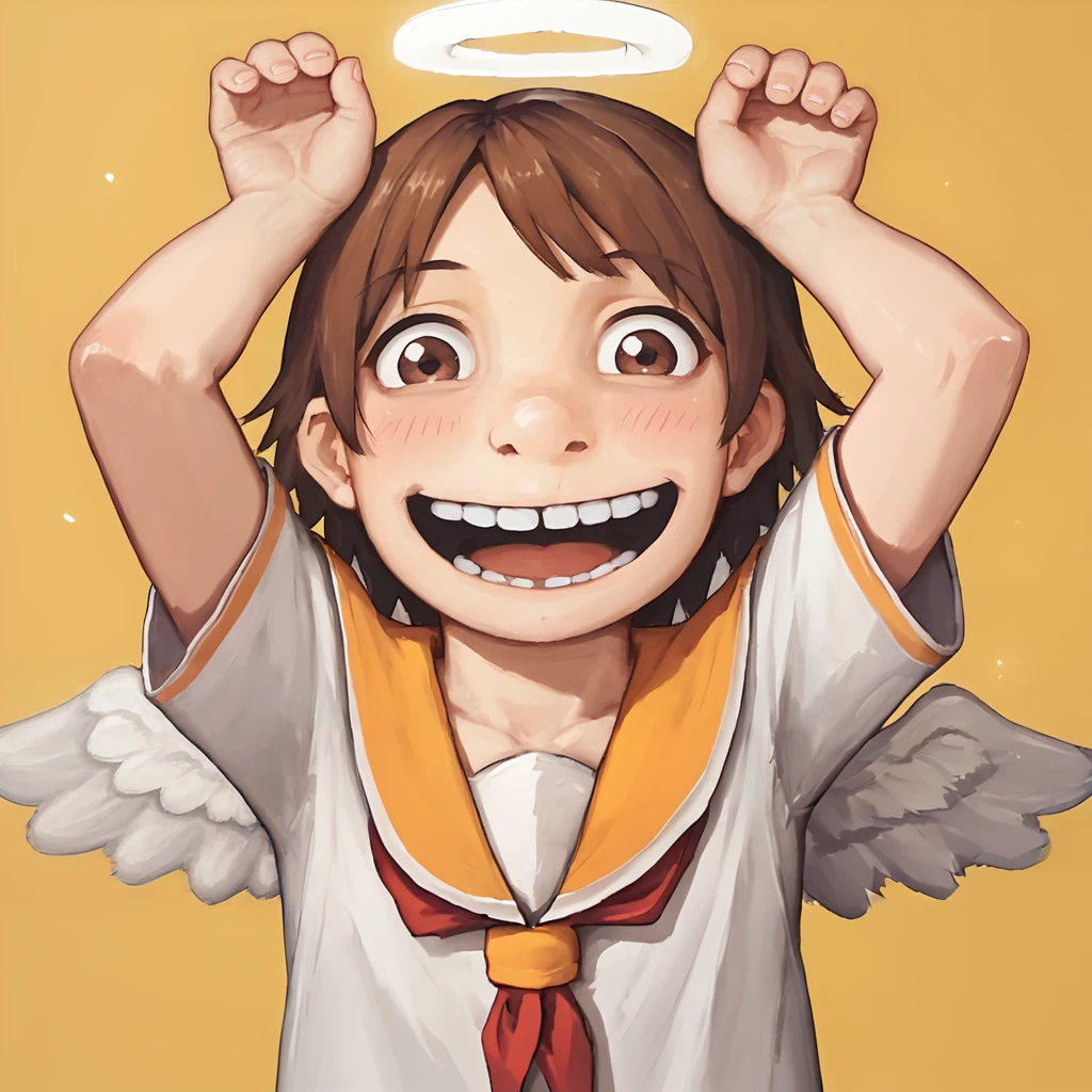 score_9, score_8_up, score_7_up, score_6_up, sfw, 1girl, solo,  <lora:lozhkin_pony:0.8> lozhkin, open mouth, big smile, accurate teeth with gaps, smile, blush,
angel wings, brown eyes, brown hair, haibane renmei, halo, rakka, sailor collar, school uniform, <lora:Rakka_pony:0.8>
looking at viewer,  on (yellow field:1.1), (bees:1.2),
squatting, spread legs, armpits,